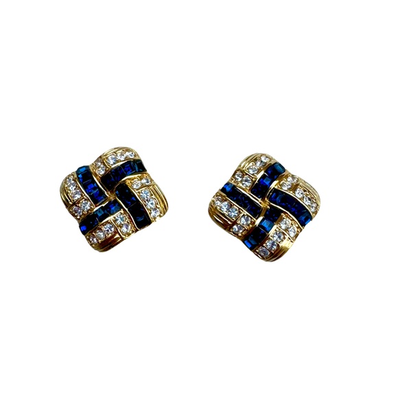 Nolan Miller Navy Blue and Clear Rhinestone Gold Square Clip On Earrings - Picture 2 of 5